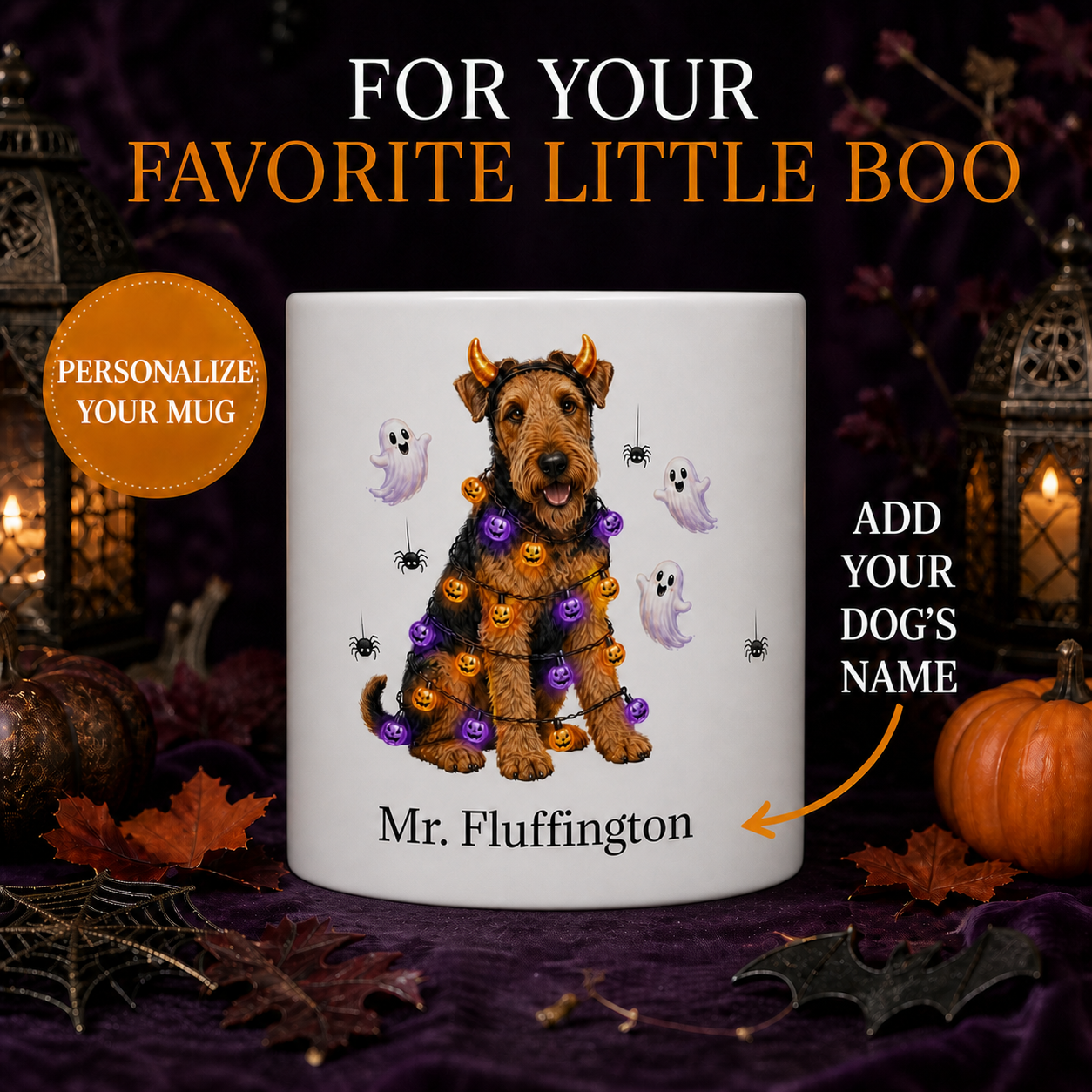 Personalized Airedale Terrier Halloween Mug – Custom Dog Name Gift – front view with no handle