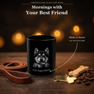 Personalized Alaskan Klee Kai black ceramic mug on dark wood table, front view with no handle