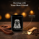 Personalized Anatolian Shepherd black ceramic mug on dark wood table, front view with no handle