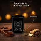 Personalized Belgian Sheepdog black ceramic mug on dark wood table, front view with no handle