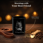 Personalized Belgian Tervuren black ceramic mug on dark wood table, front view with no handle