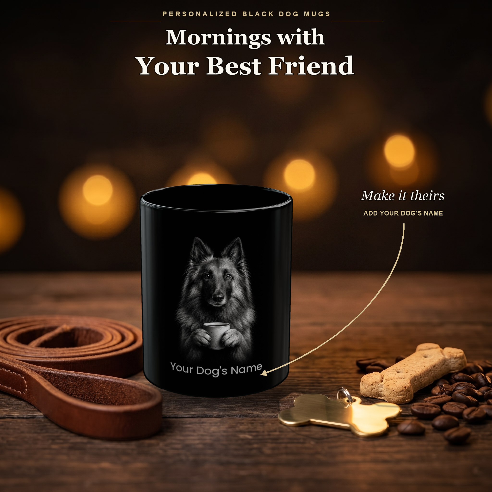 Personalized Belgian Tervuren black ceramic mug on dark wood table, front view with no handle