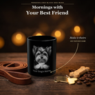 Personalized Biewer Terrier black ceramic mug on dark wood table, front view with no handle