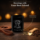 Personalized Black Mouth Cur black ceramic mug on dark wood table, front view with no handle