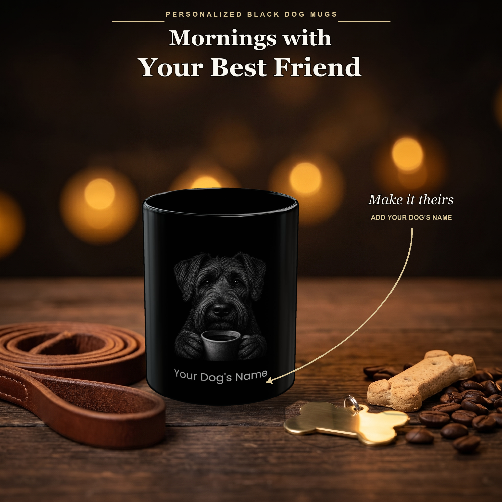 Personalized Black Russian Terrier black ceramic mug on dark wood table, front view with no handle