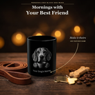Personalized Bracco Italiano black ceramic mug on dark wood table, front view with no handle