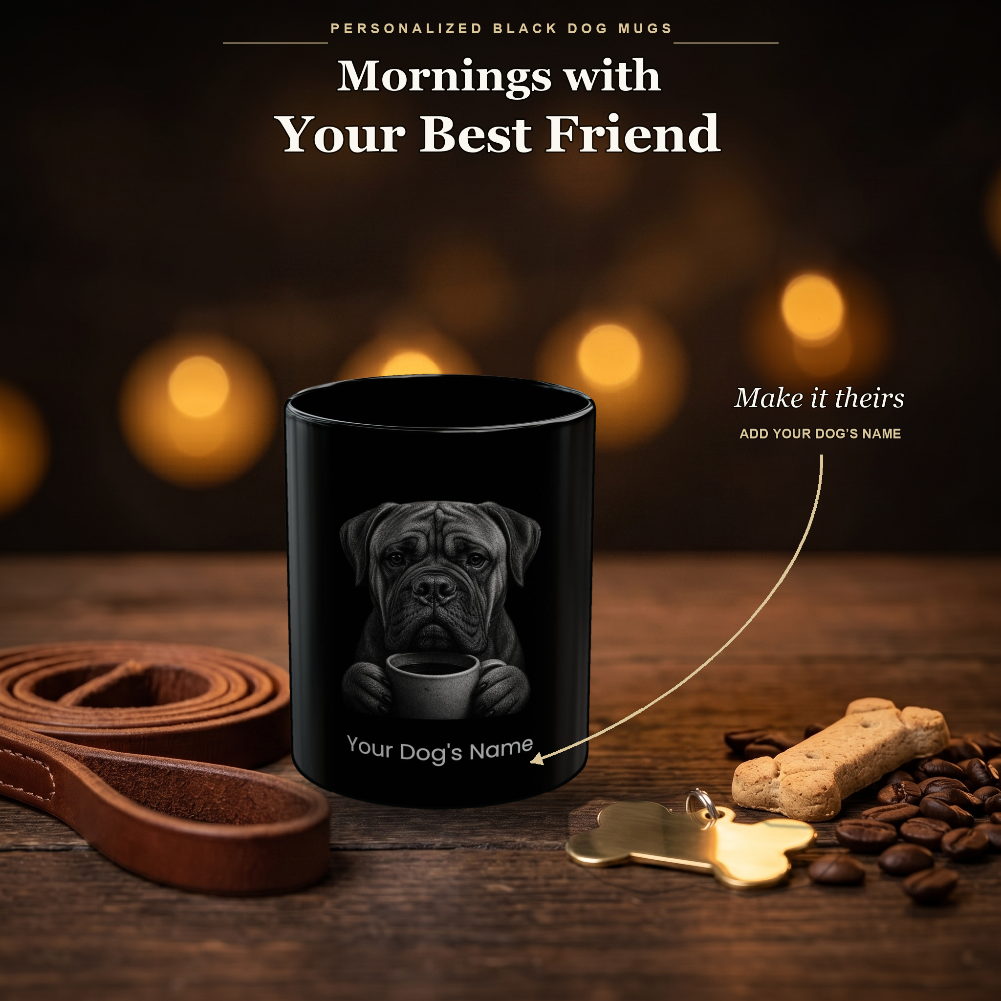 Personalized Bullmastiff black ceramic mug on dark wood table, front view with no handle