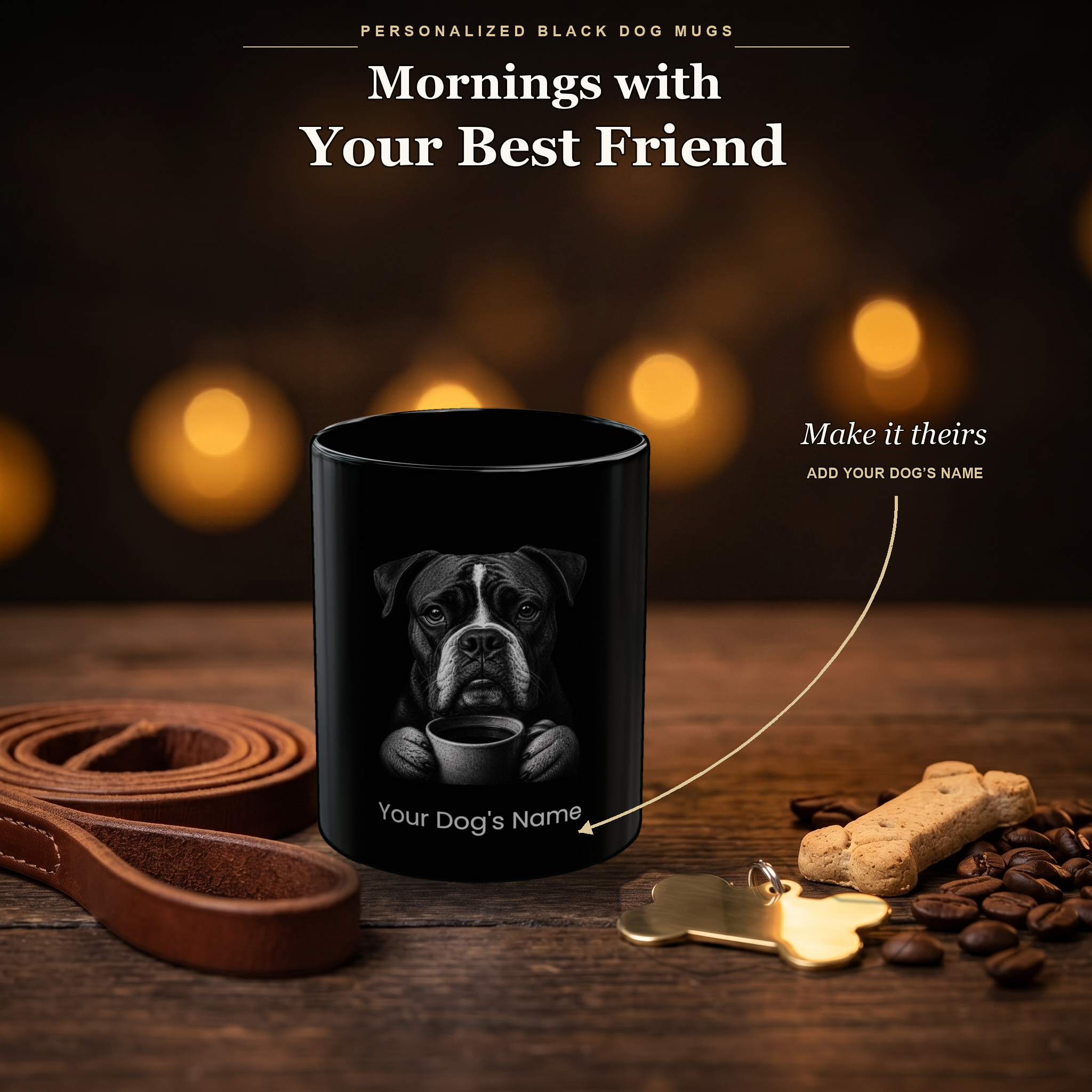 Personalized Campeiro Bulldog black ceramic mug on dark wood table, front view with no handle