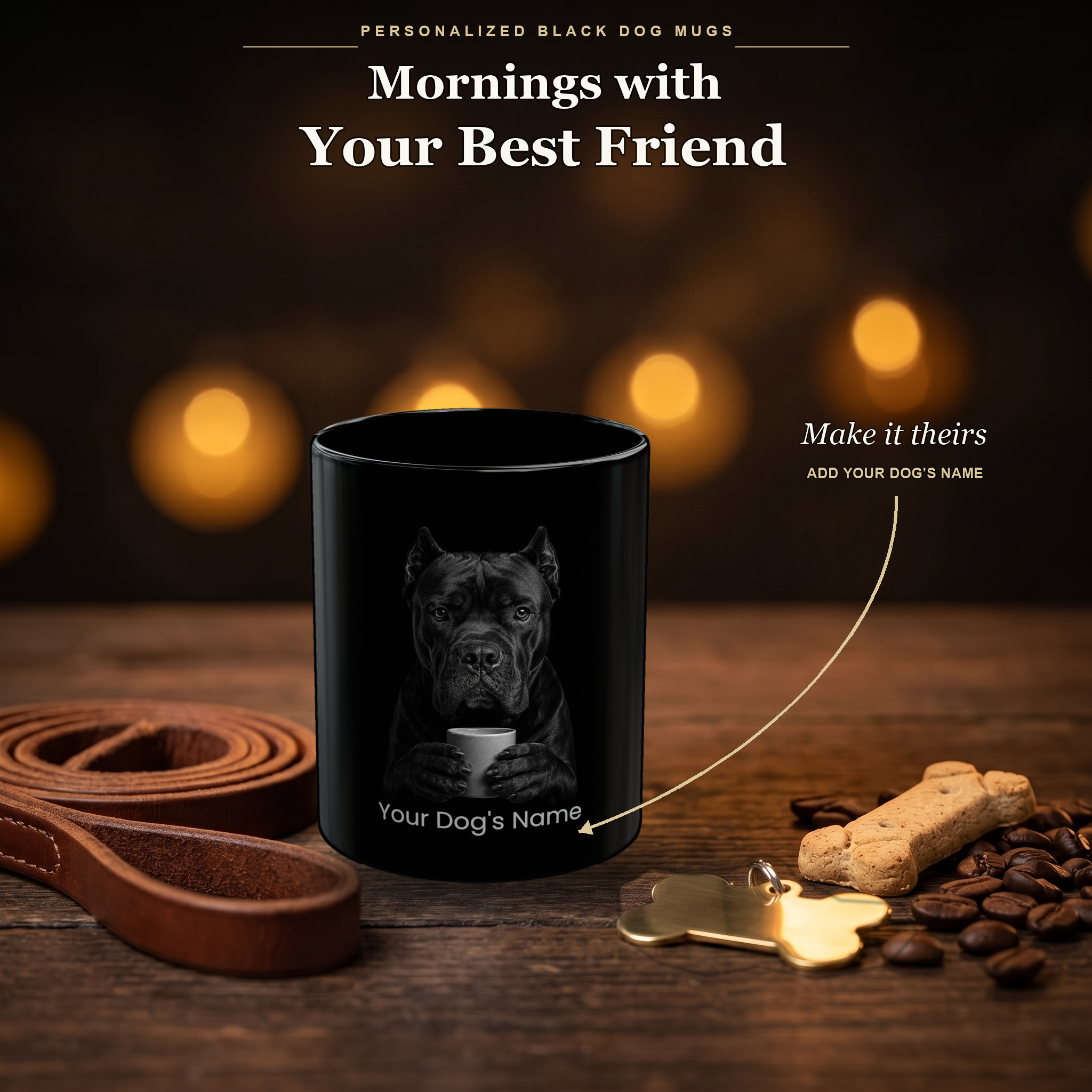 Personalized Cane Corso Clipped black ceramic mug on dark wood table, front view with no handle