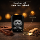 Personalized Cavapoo black ceramic mug on dark wood table, front view with no handle