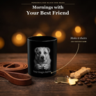 Personalized Central Asian Shepherd black ceramic mug on dark wood table, front view with no handle