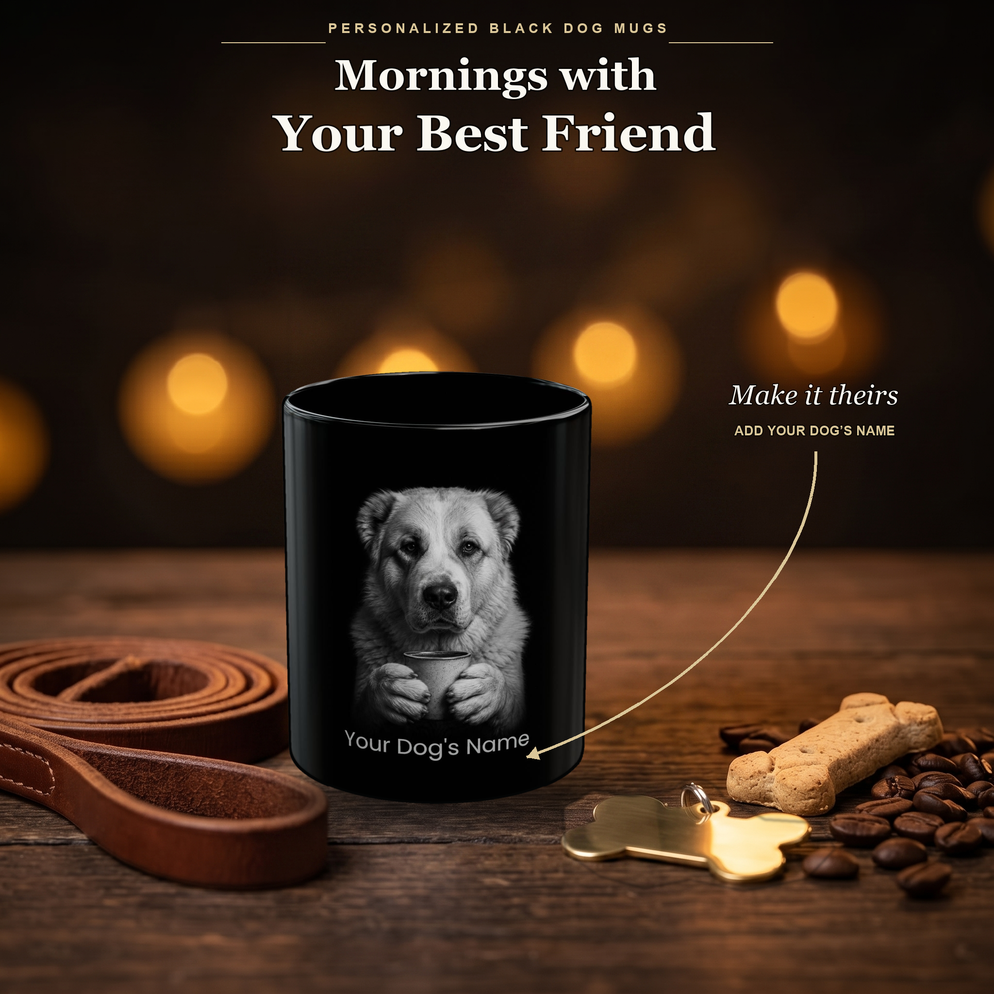 Personalized Central Asian Shepherd black ceramic mug on dark wood table, front view with no handle