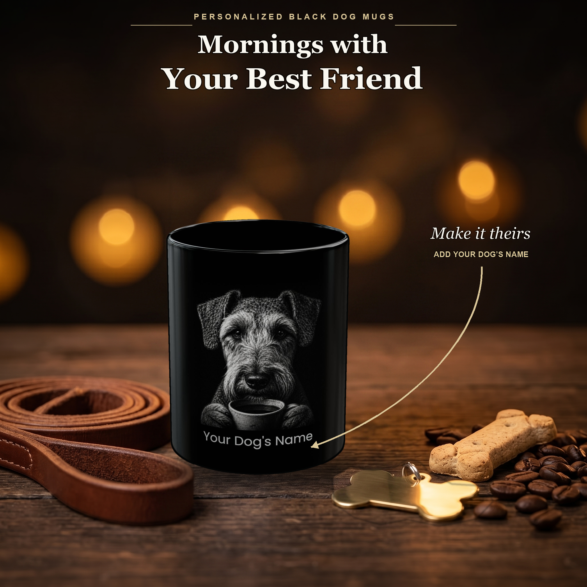 Personalized Chesapeake Bay Terrier black ceramic mug on dark wood table, front view with no handle