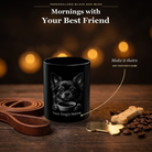 Personalized Chihuahuas Long Hair black ceramic mug on dark wood table, front view with no handle
