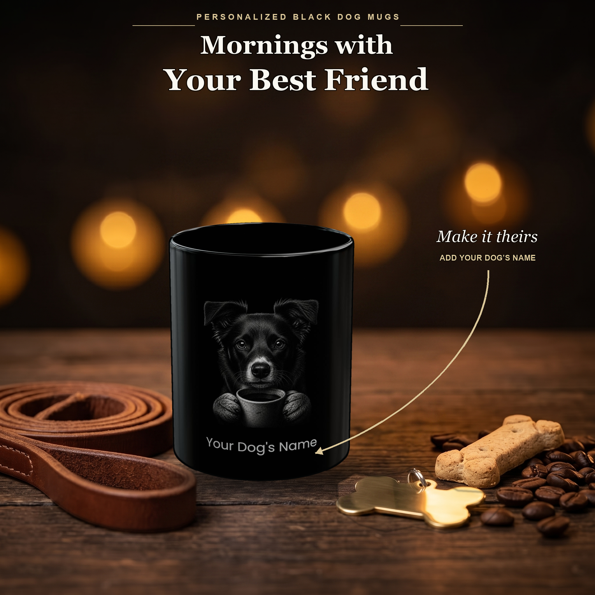 Personalized Danish-Swedish Farmdog black ceramic mug on dark wood table, front view with no handle