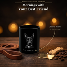 Personalized Doberman Pinscher black ceramic mug on dark wood table, front view with no handle