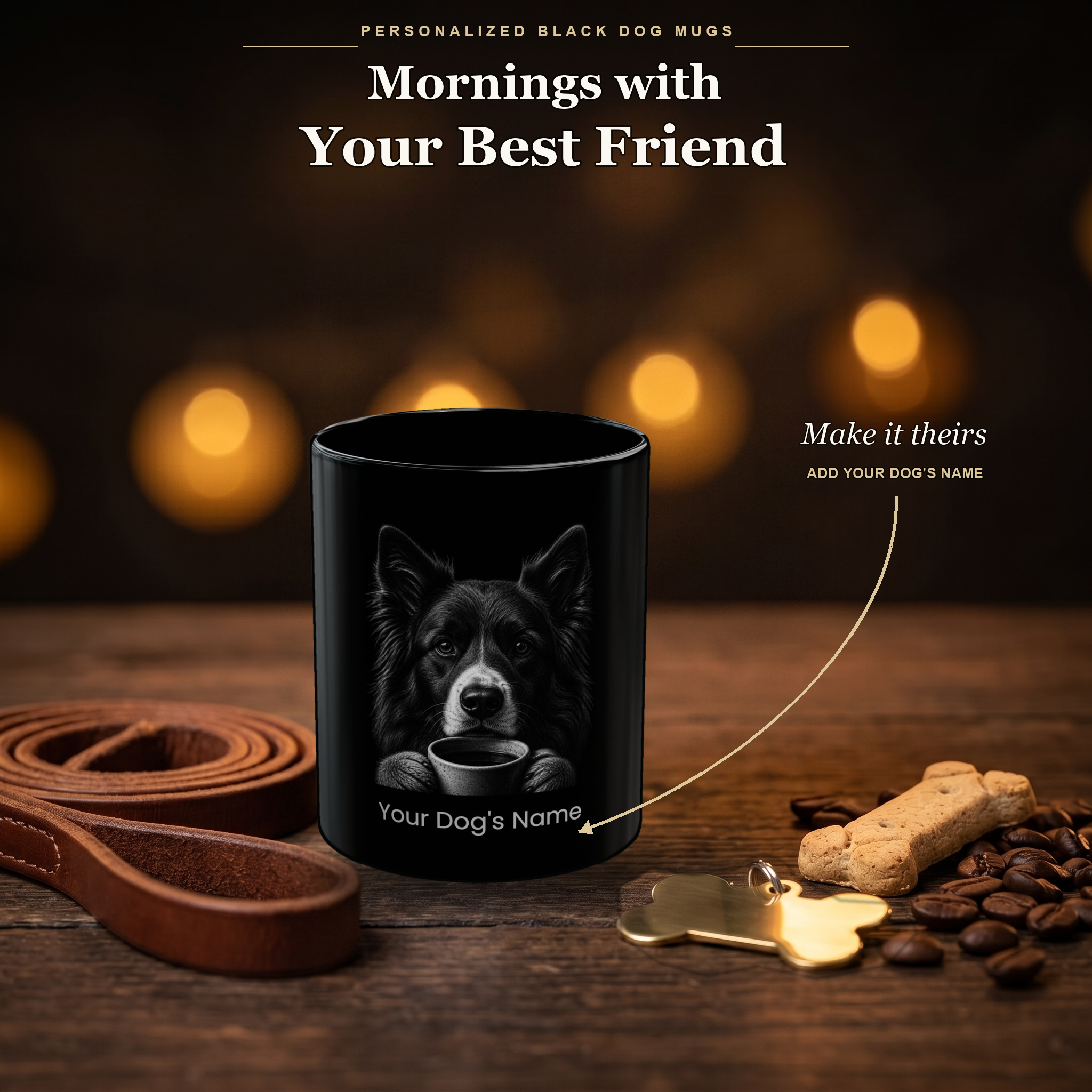 Personalized Elo Dog black ceramic mug on dark wood table, front view with no handle