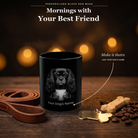 Personalized English Toy Spaniel black ceramic mug on dark wood table, front view with no handle