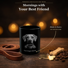 Personalized Harrier black ceramic mug on dark wood table, front view with no handle