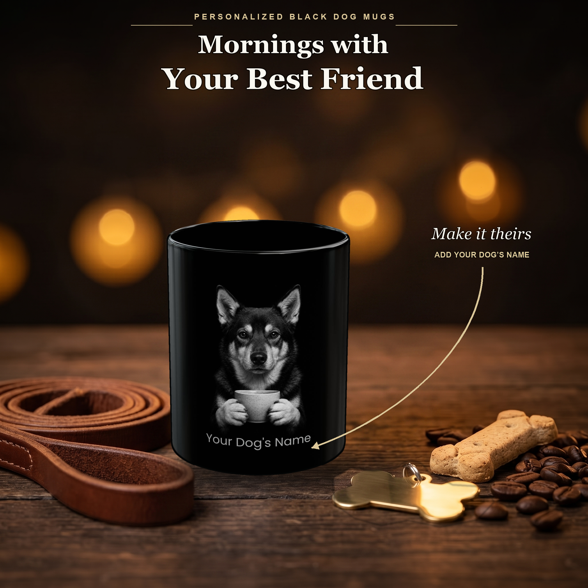 Personalized Jämthund black ceramic mug on dark wood table, front view with no handle