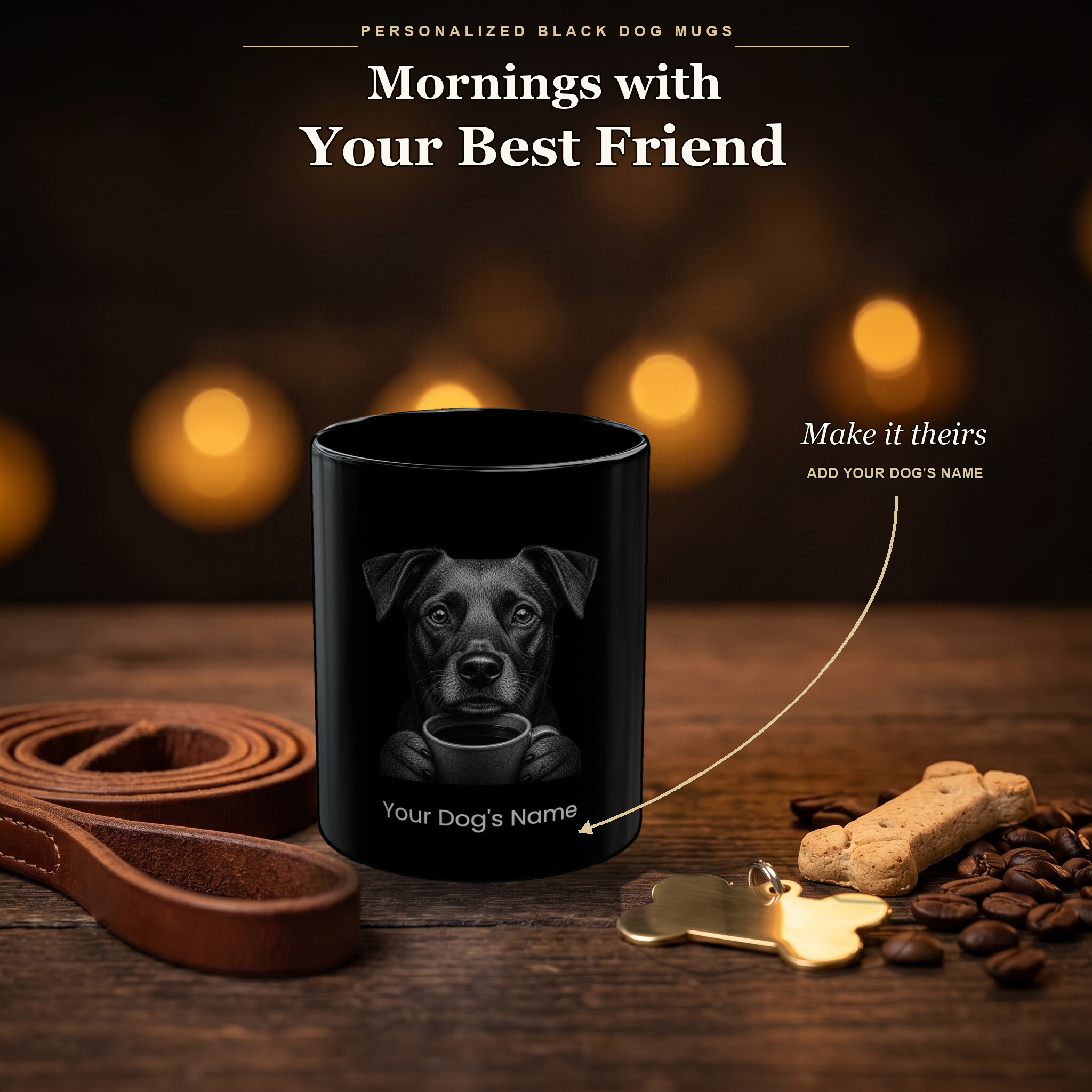 Personalized Kintamani black ceramic mug on dark wood table, front view with no handle