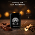 Personalized Komondor black ceramic mug on dark wood table, front view with no handle
