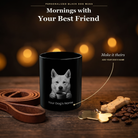 Personalized Korean Jindo black ceramic mug on dark wood table, front view with no handle