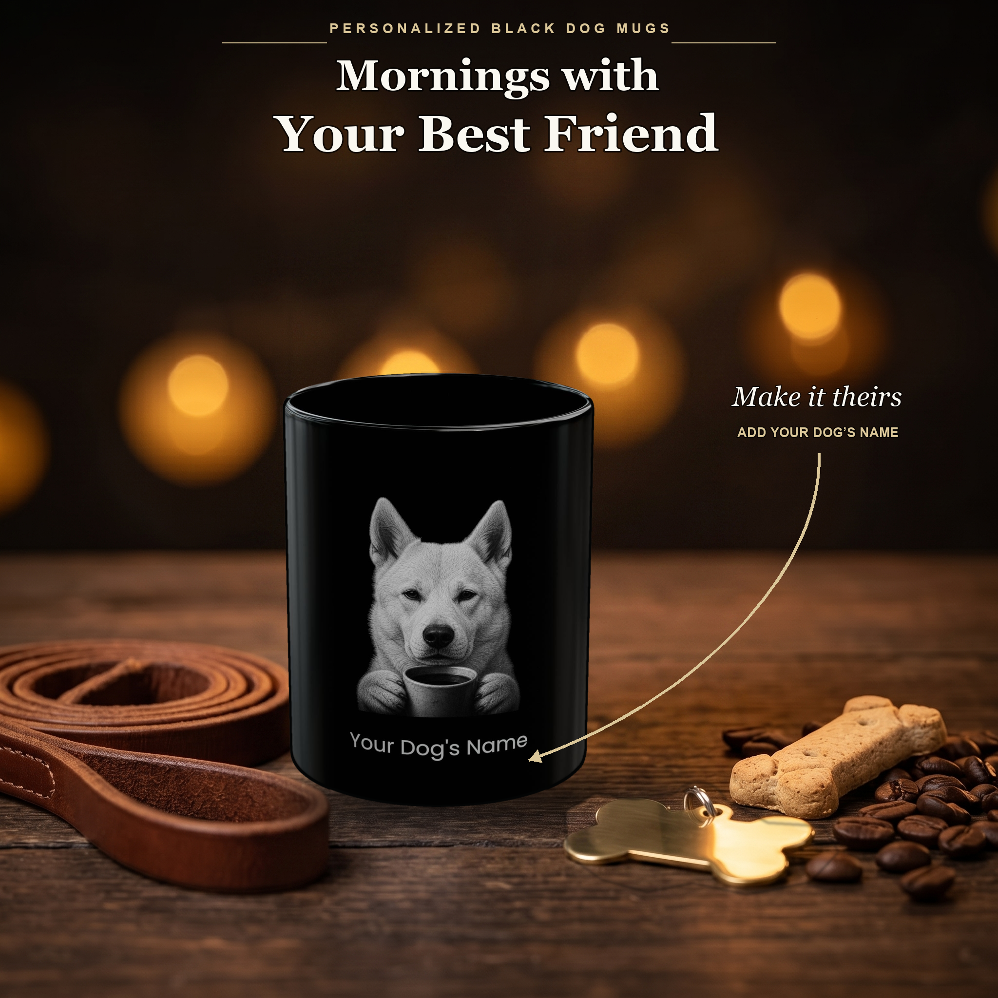 Personalized Korean Jindo black ceramic mug on dark wood table, front view with no handle