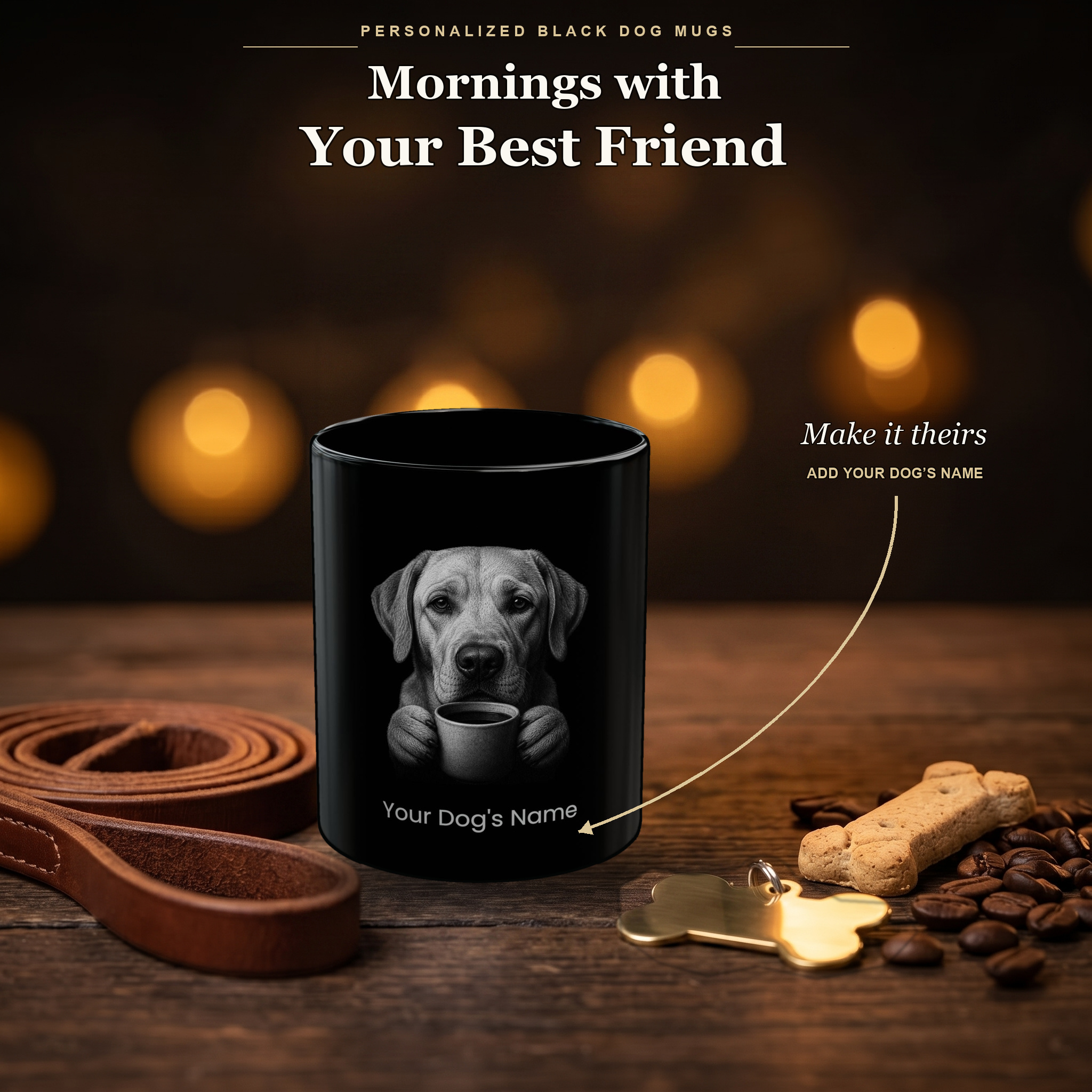 Personalized Labrador Retriever black ceramic mug on dark wood table, front view with no handle