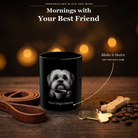 Personalized Lhasa Apso black ceramic mug on dark wood table, front view with no handle