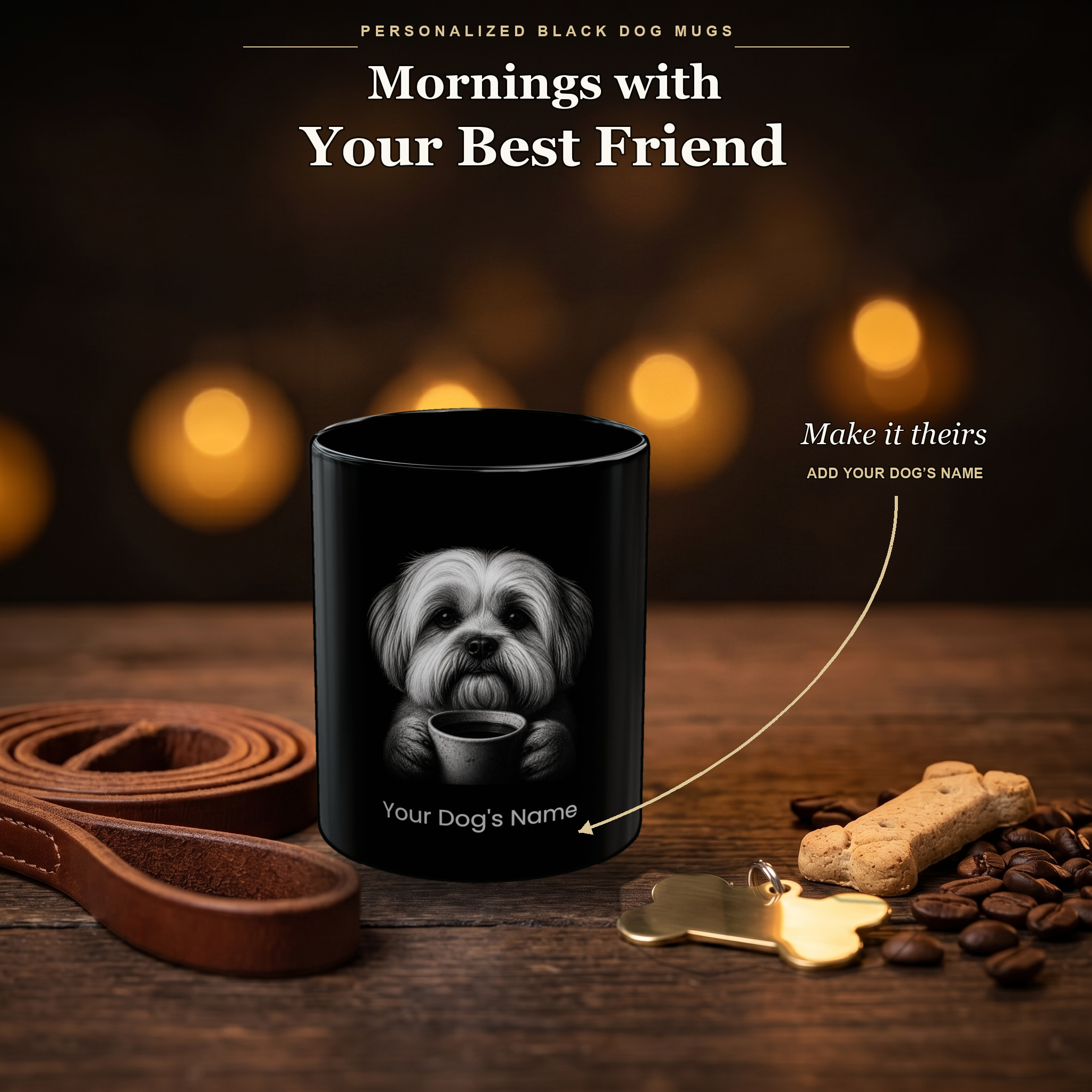 Personalized Lhasa Apso black ceramic mug on dark wood table, front view with no handle