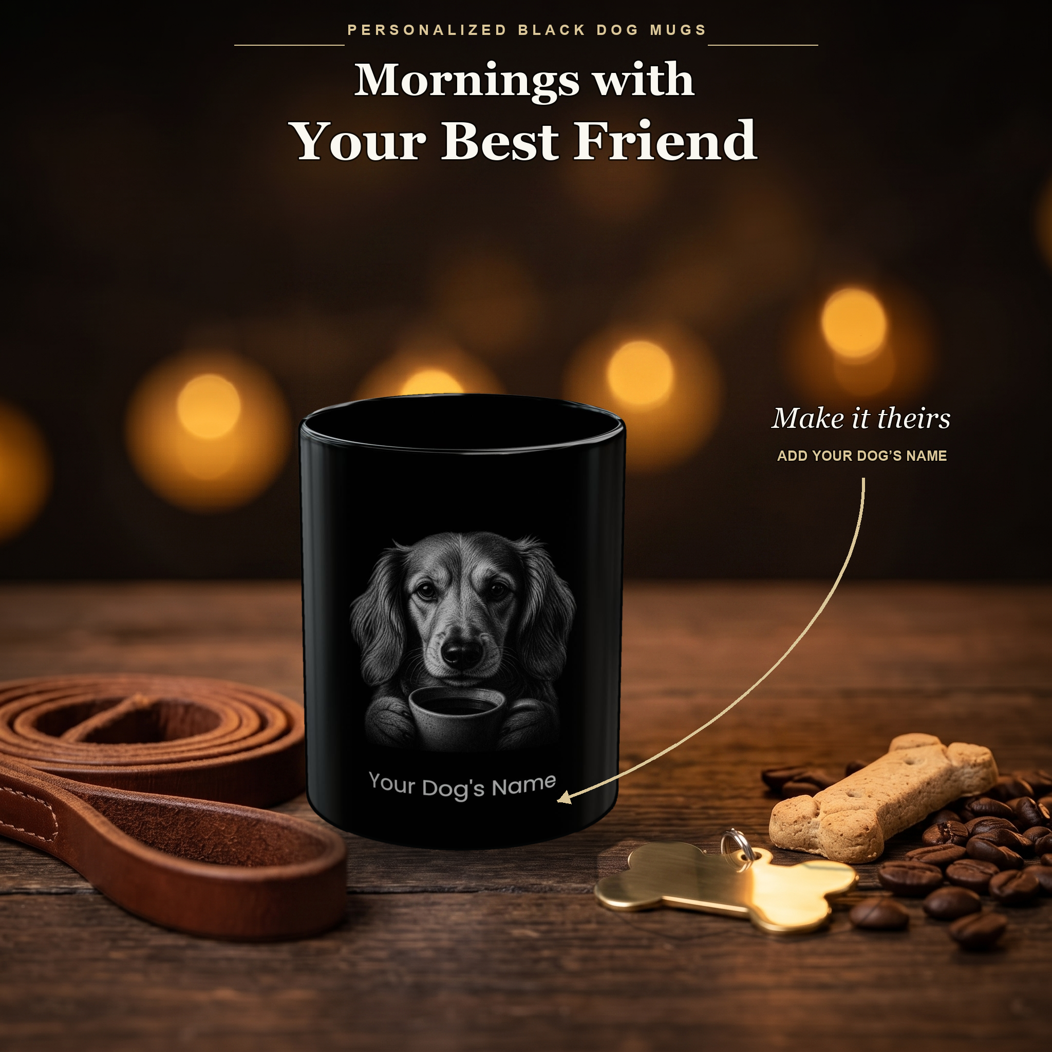 Personalized Longhaired Dachshund black ceramic mug on dark wood table, front view with no handle