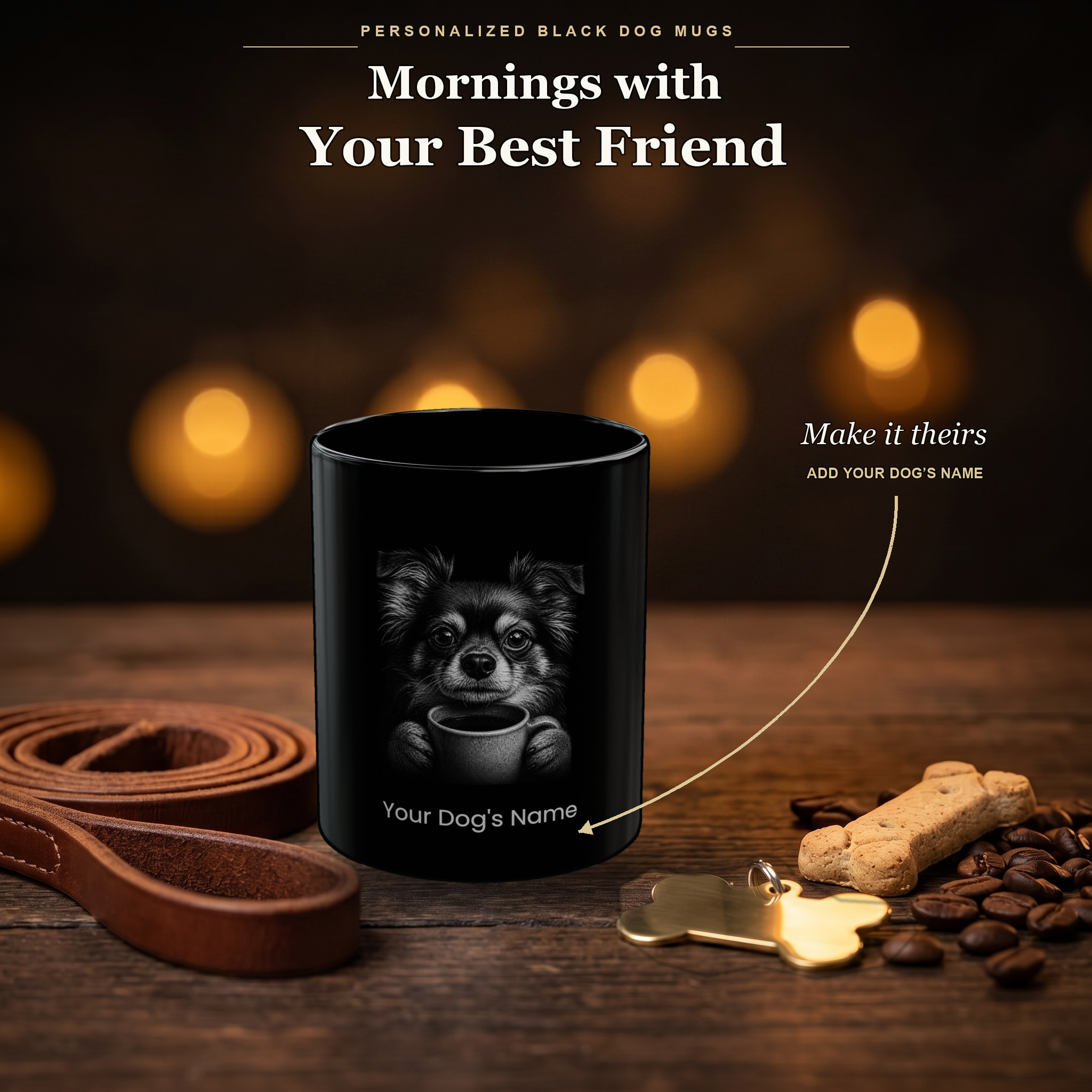 Personalized Mi-Ki black ceramic mug on dark wood table, front view with no handle