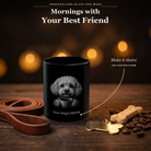 Personalized Miniature Poodle black ceramic mug on dark wood table, front view with no handle