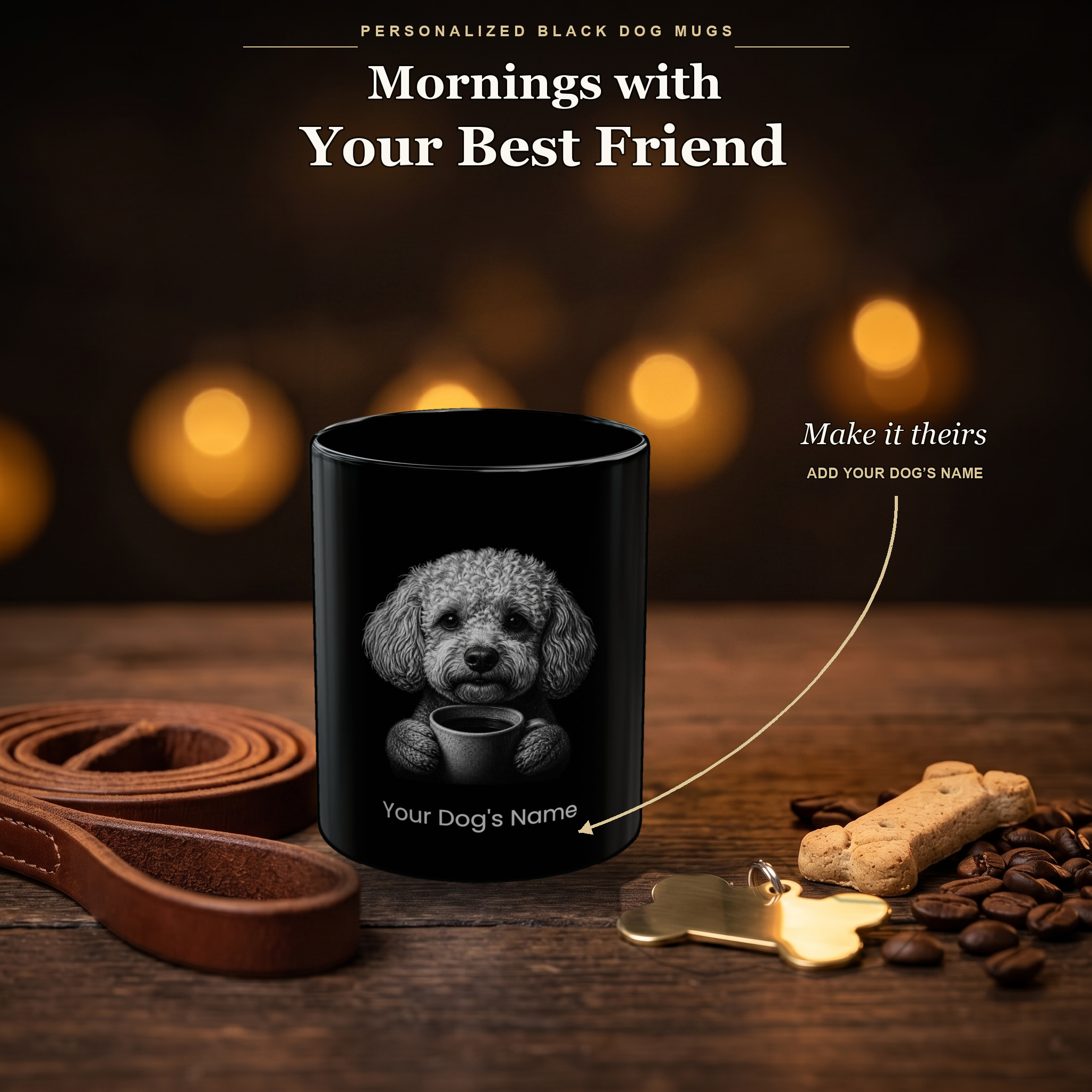 Personalized Miniature Poodle black ceramic mug on dark wood table, front view with no handle