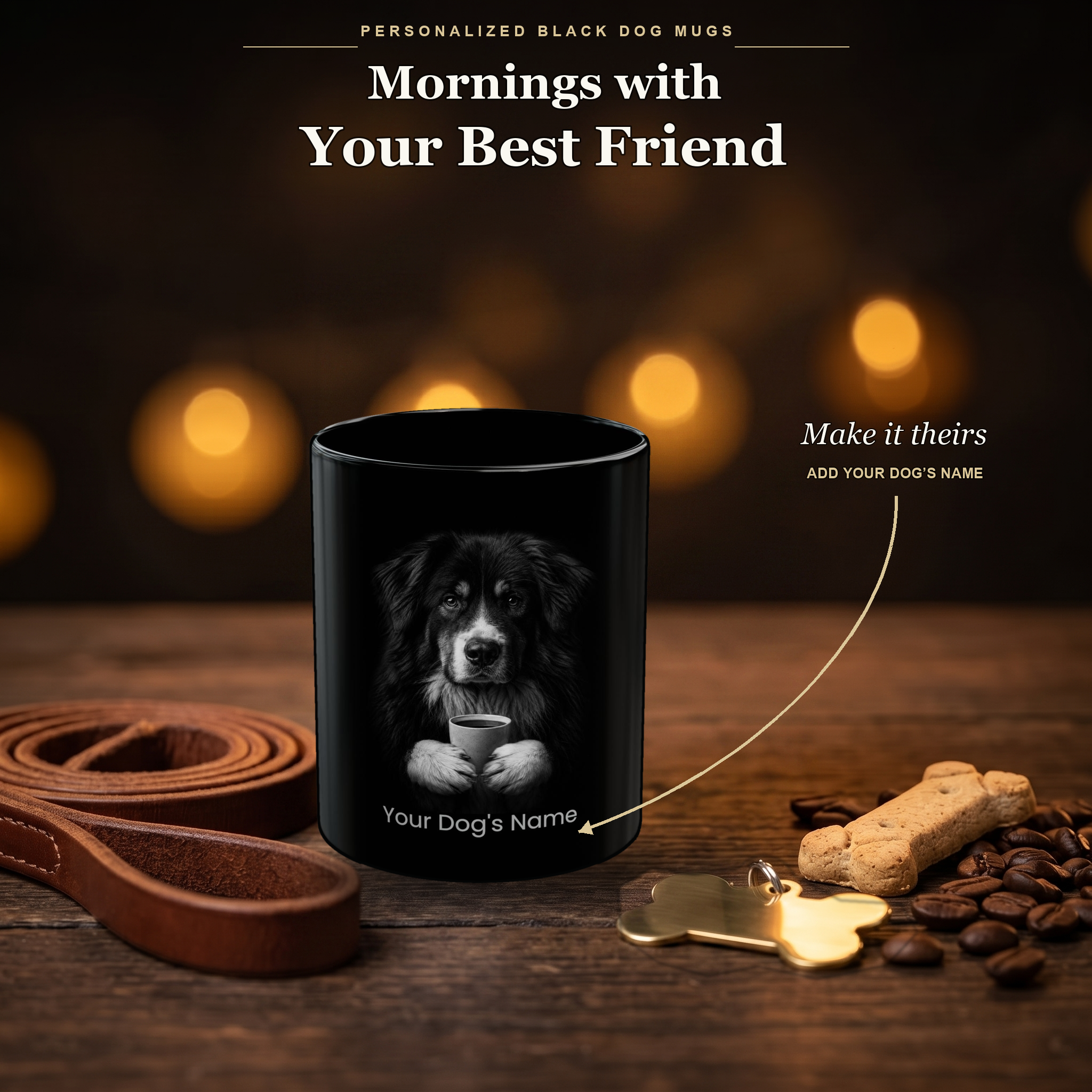 Personalized Polish Tatra Sheepdog black ceramic mug on dark wood table, front view with no handle