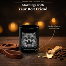 Personalized Pomeranian black ceramic mug on dark wood table, front view with no handle