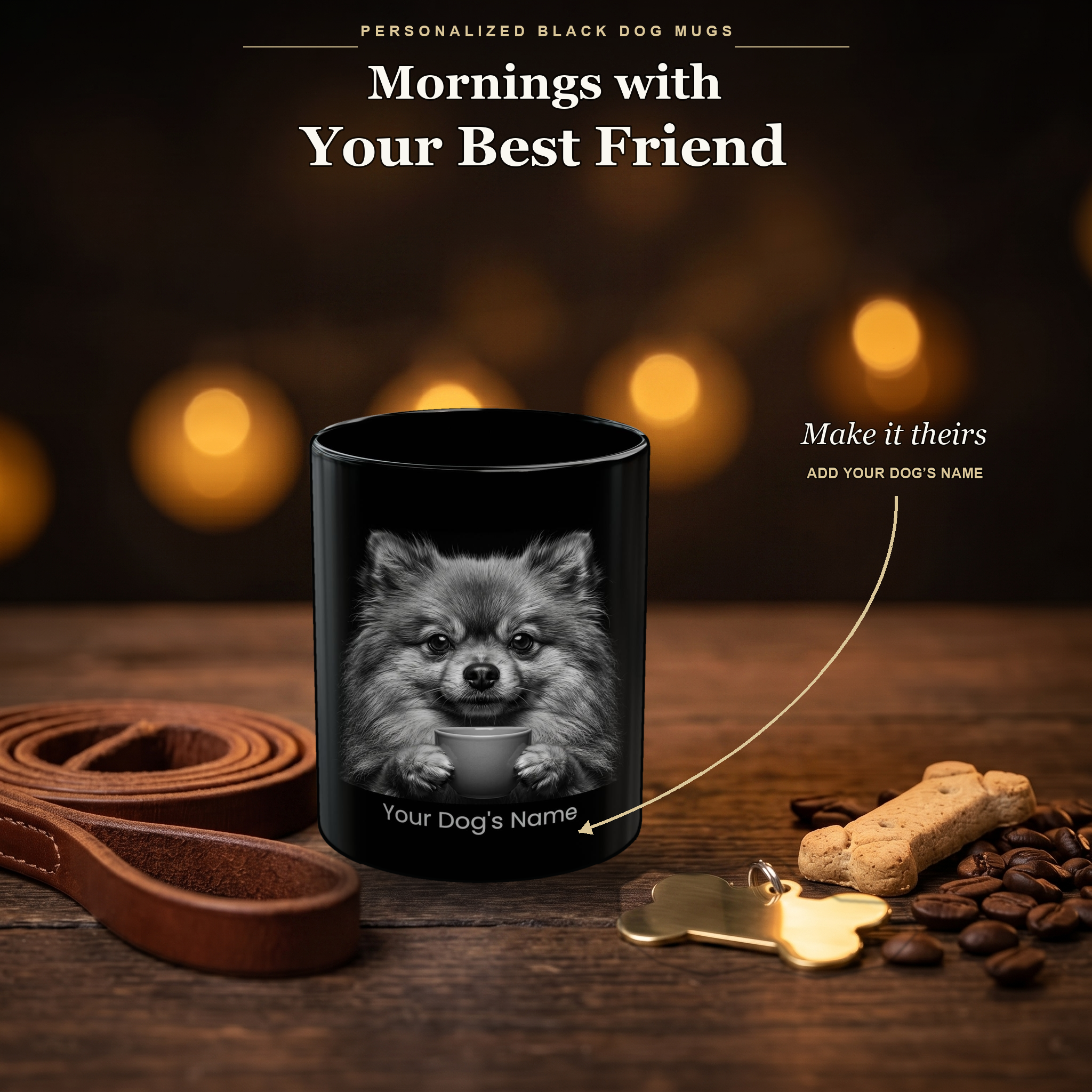 Personalized Pomeranian black ceramic mug on dark wood table, front view with no handle