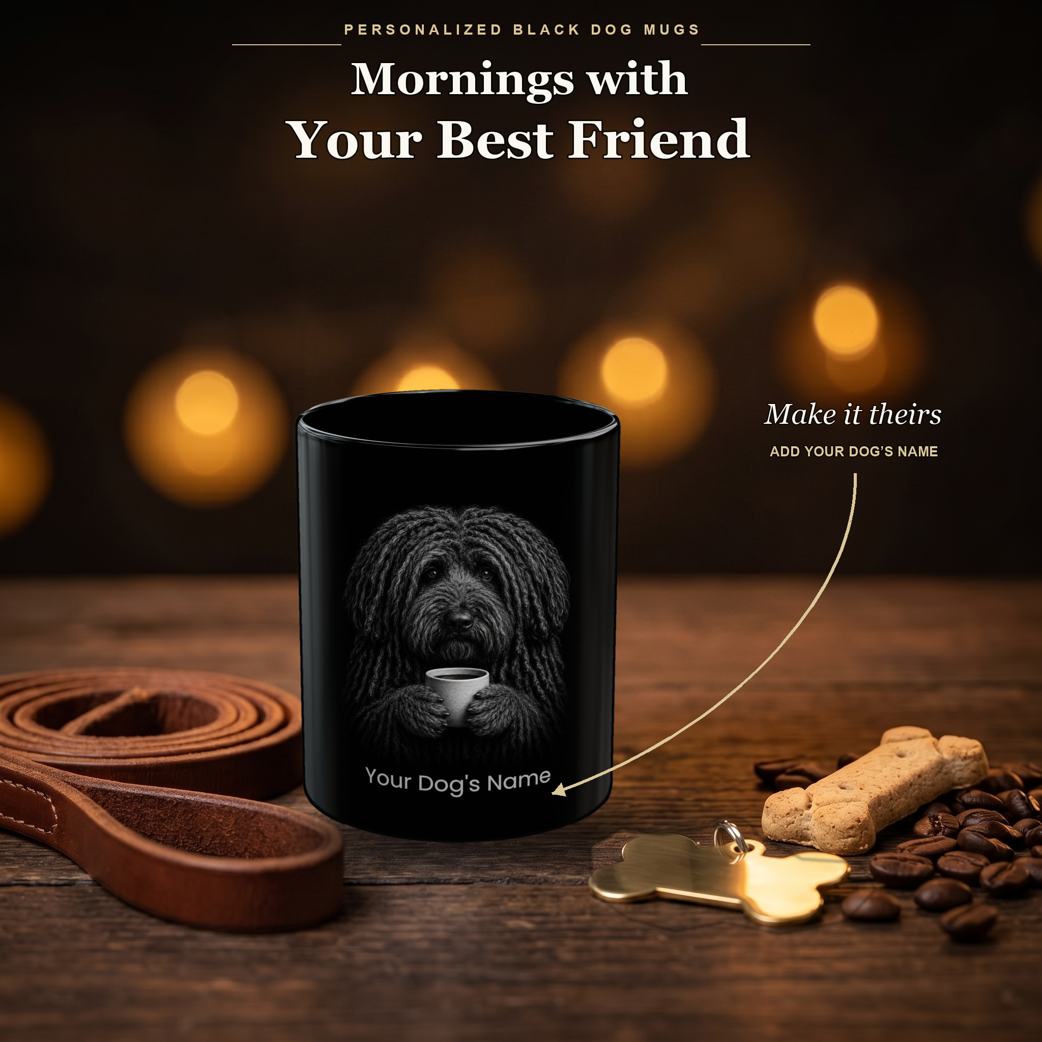 Personalized Puli black ceramic mug on dark wood table, front view with no handle