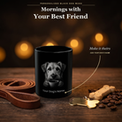 Personalized Pyrenean Shepherd black ceramic mug on dark wood table, front view with no handle