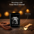 Personalized Romanian Mioritic black ceramic mug on dark wood table, front view with no handle
