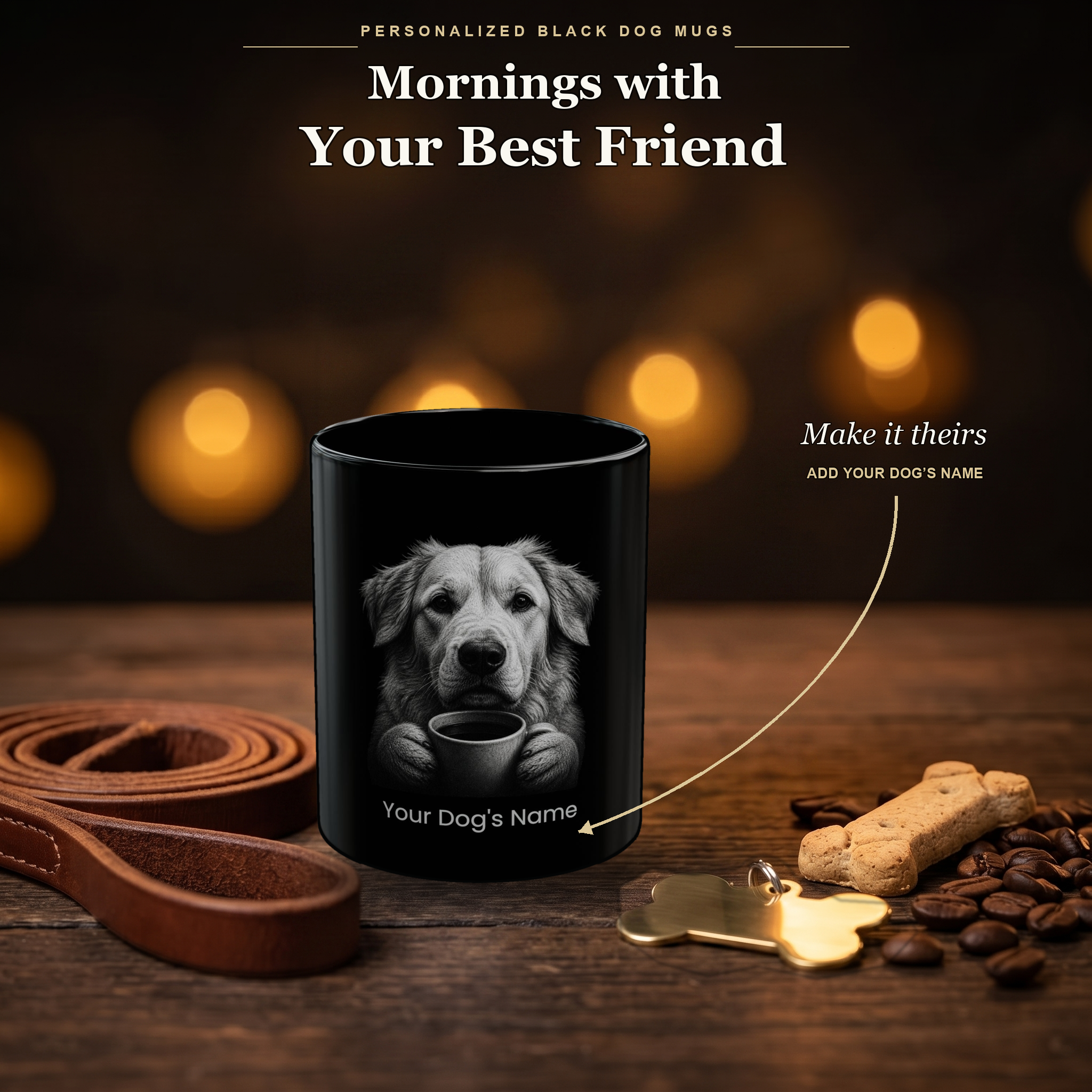 Personalized Romanian Mioritic black ceramic mug on dark wood table, front view with no handle