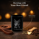 Personalized Saarloos Wolfdog black ceramic mug on dark wood table, front view with no handle