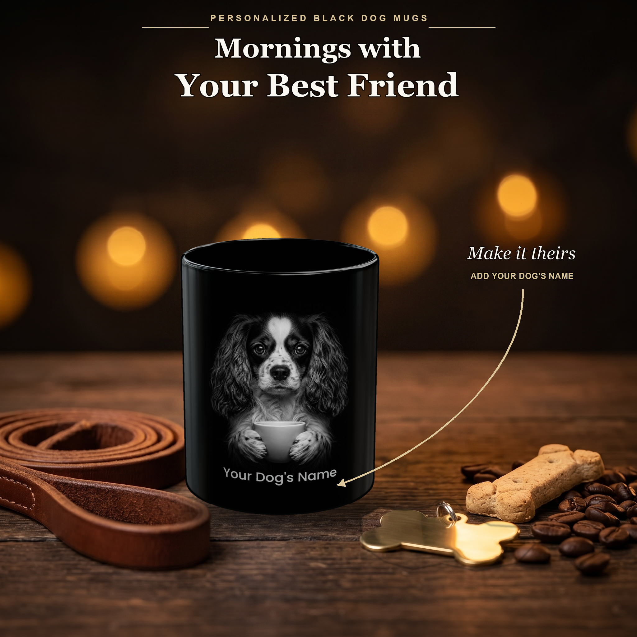 Personalized Saint-Usuge Spaniel black ceramic mug on dark wood table, front view with no handle