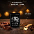 Personalized Saluki black ceramic mug on dark wood table, front view with no handle
