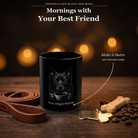 Personalized Schipperke black ceramic mug on dark wood table, front view with no handle
