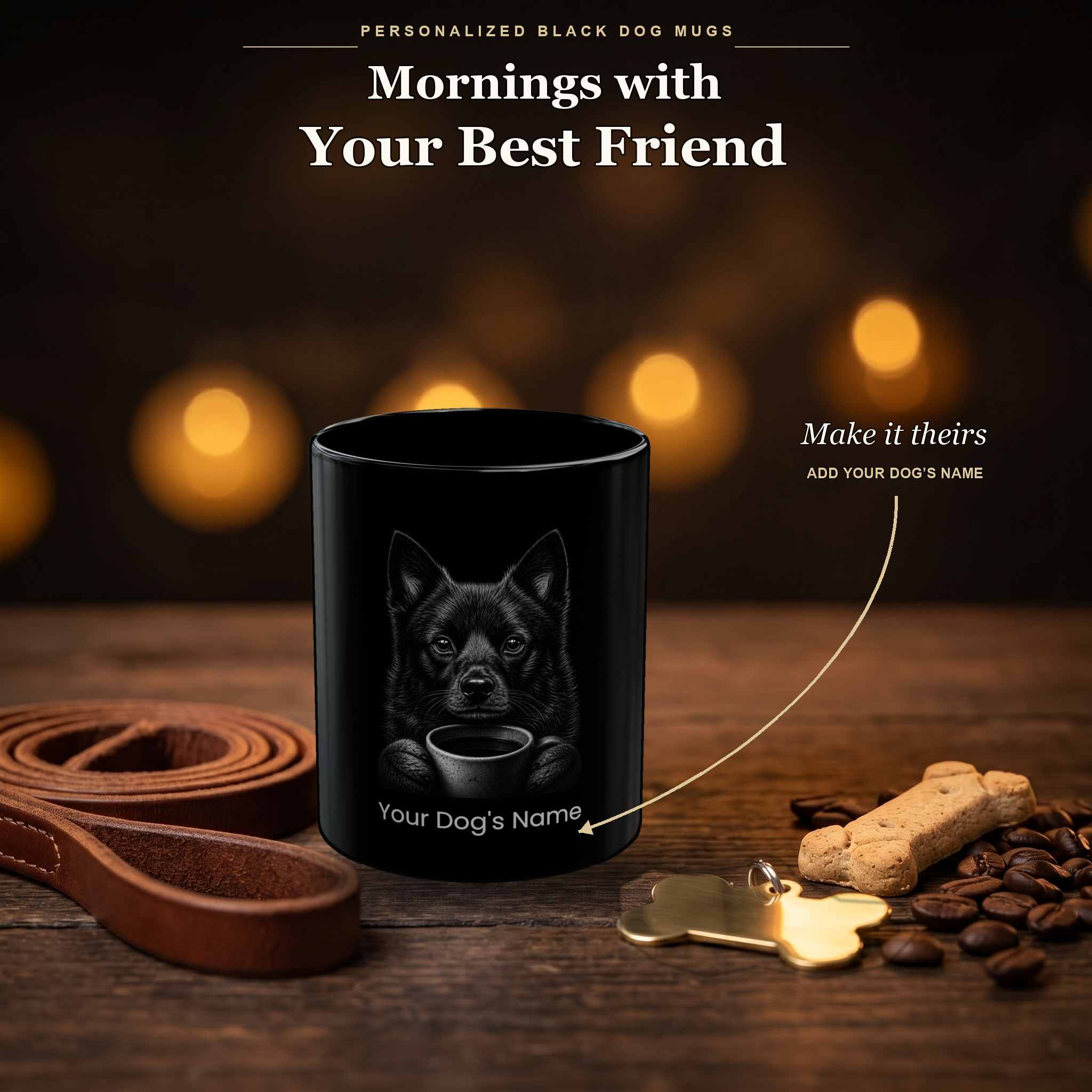 Personalized Schipperke black ceramic mug on dark wood table, front view with no handle