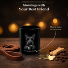 Personalized Scottish Terrier black ceramic mug on dark wood table, front view with no handle