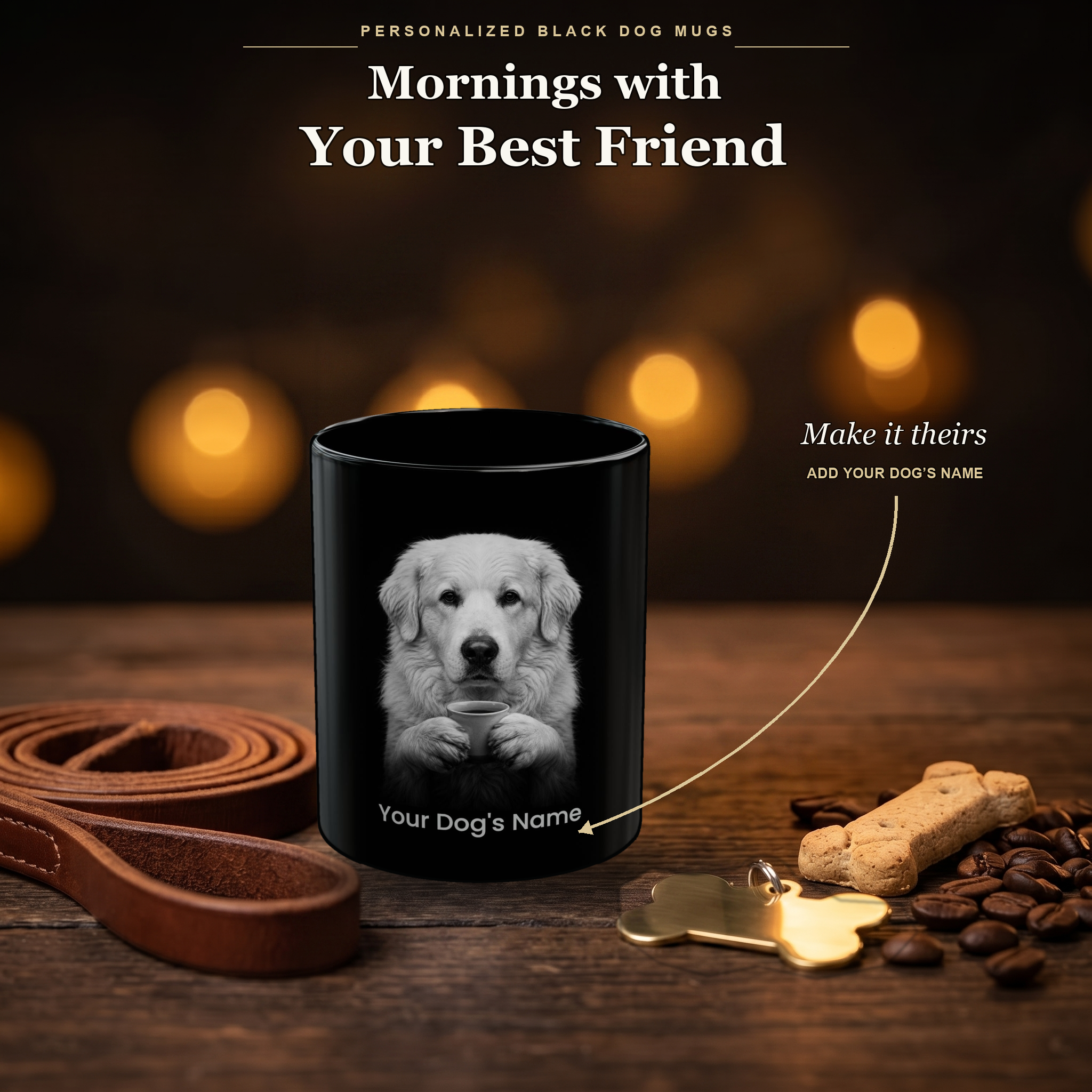 Personalized Slovak Cuvac black ceramic mug on dark wood table, front view with no handle
