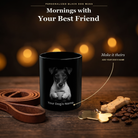 Personalized Smooth Fox Terrier black ceramic mug on dark wood table, front view with no handle